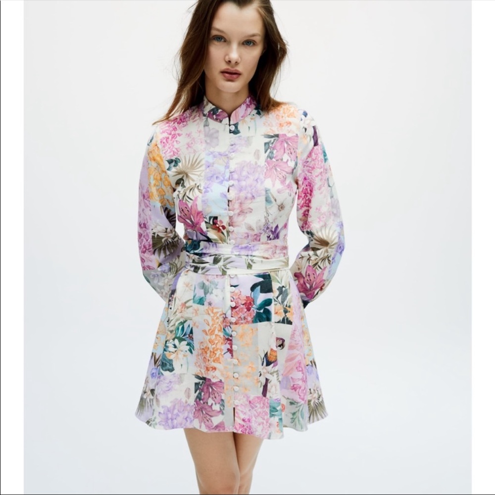 NWT zara floral print bow tie linen mini dress